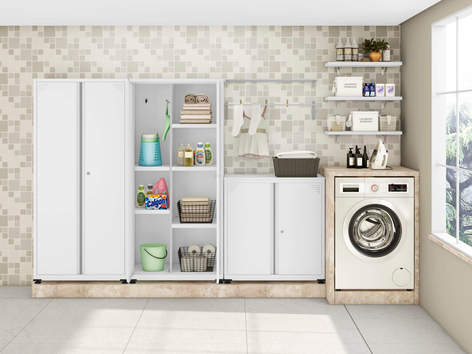 Armário e estantes de aço